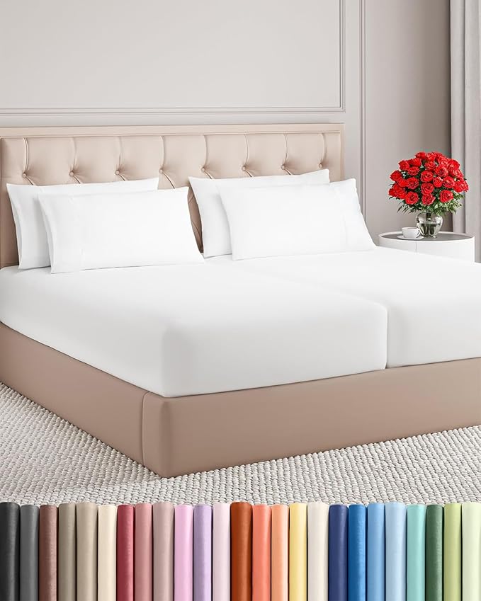 Split King Sheets Set 7 Piece - Includes 4 Pillowcases - Bed Sheets Split King - Soft Hotel Luxury Bedding - Cooling, Comfy & Breathable - 1 Flat & 2 Fitted & 4 Pillowcases w/ Deep Pockets - White