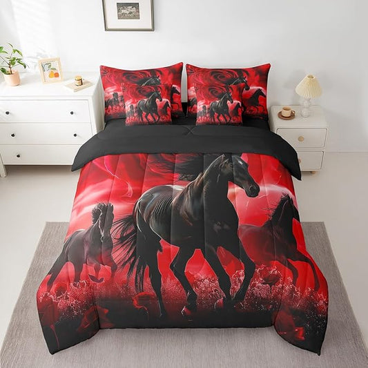 Erosebridal Horse Comforter Set 7 Piece Bed in a Bag Twin,Red Rose Flowers Bedding Sets Western Animals Sheet Set with Comforter