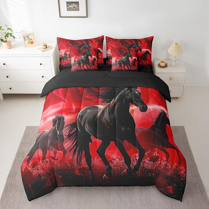 Erosebridal Horse Bed in a Bag King Size Comforter Set 7 Pieces,Red Rose Flowers Bedding Sets Western Animals Sheet Set with Comforter