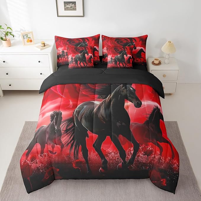 Erosebridal Horse Bed in a Bag Queen Comforter Set 7 Piece,Red Rose Flowers Bedding Sets Western Animals Sheet Set with Comforter