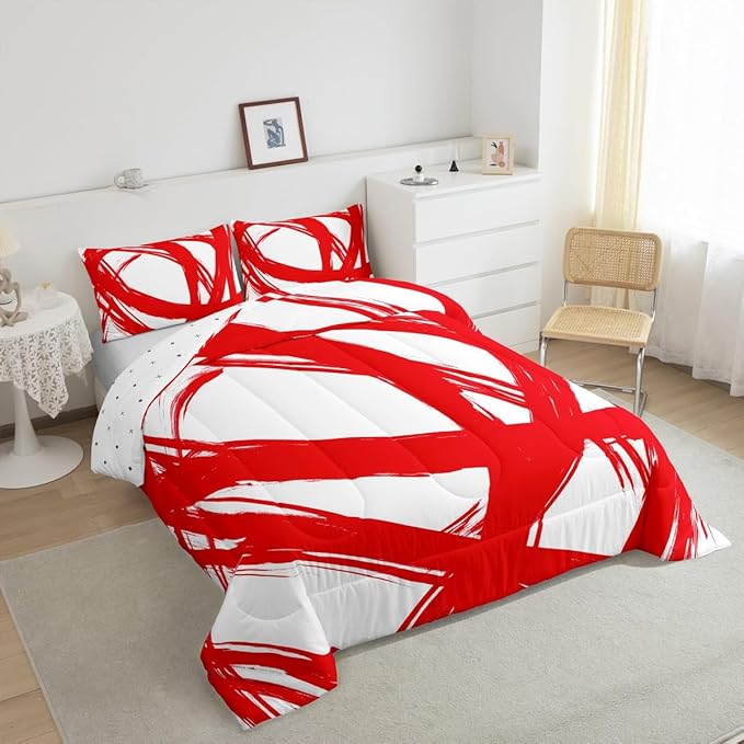 Red and White Abstarct Comforter Set Twin Size for Kids Boys Girs,Graffiti Stripes Lines Bedding Set,Aesthetic Geometric Duvet Insert for Minimalists,Contemporary Boho Modern Art Quilt
