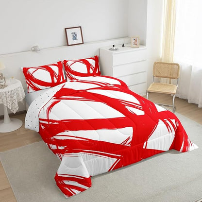 Red and White Striped Bedding Set Full Size for Adults Youth Teens,Contemporary Boho Modern Art Comforter Set,Graffiti Stripes Lines Quilt,Aesthetic Geometric Duvet Insert for Minimalists