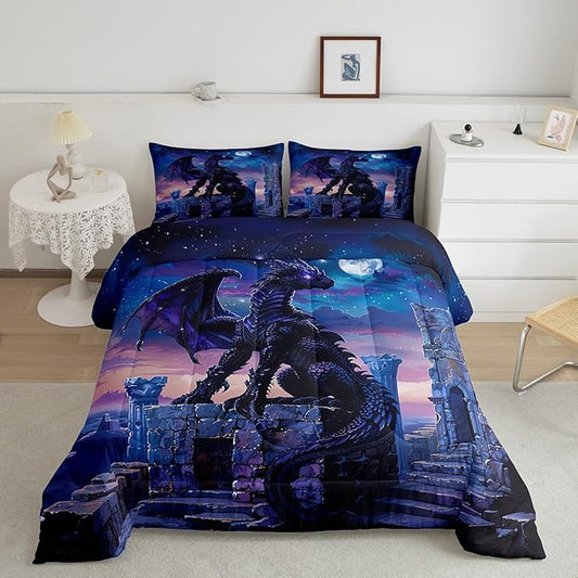Feelyou Dragon Comforter Set Full Size Moon Light Dragon Comforter for Boys Girls Teens Gothic Bedding Set Wildlife Duvet Set Room Decor Acid Blue Quilt Set