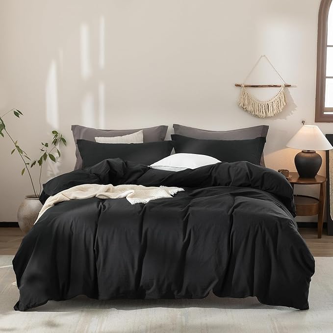 Black Duvet Cover Oversized King Size 100% Washed Cotton Bedding Set Cover 1 Duvet Cover with Zipper Closure and 2 Pillowcases, 120inch x 98inch
