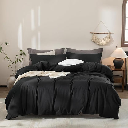 Black Duvet Cover Oversized King Size 100% Washed Cotton Bedding Set Cover 1 Duvet Cover with Zipper Closure and 2 Pillowcases, 120inch x 98inch