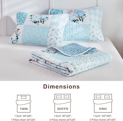Joyreap 3 Pieces Floral Patchwork Quilt Set Queen, Blue n White Flowers Design, Soft n Cozy Microfiber Quilt, Bedspread Bed Cover for All Season, 1 Quilt and 2 Pillow Shams- 90x90 inches