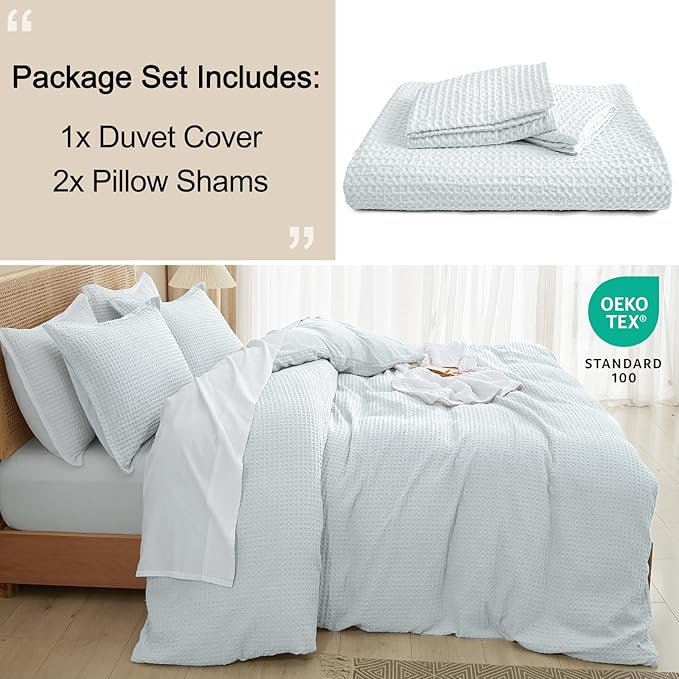 PHF Waffle Weave Duvet Cover Set King Size, 3 Piece Ultra Soft Breathable Durable Comforter Cover for All Season, Waffle Textured Duvet Set with 2 Pillow Shams Bedding Collection, 104"x90",Ice Blue