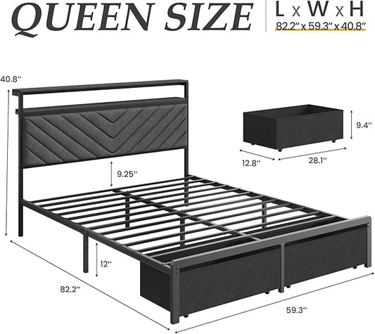 Fluest Queen Bed Frame with 2 Drawers, Upholstered Headboard with Storage and Charging Station, LED Lights, Fabric Drawers with Wheels, Under Bed Storage, No Box Spring Needed, Easy Assembly, Grey