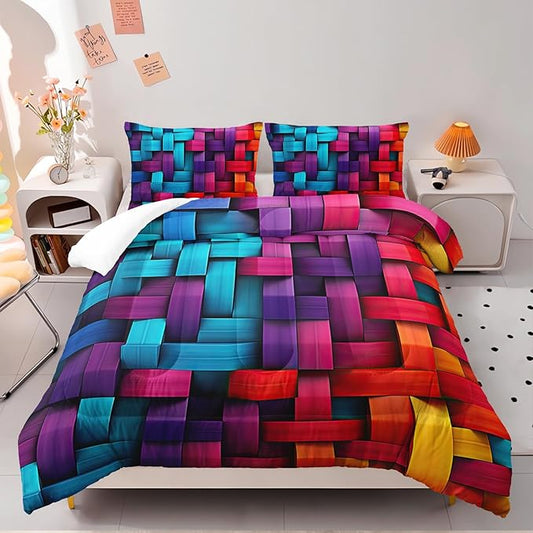 Colorful Checkered Comforter Set Full 3D Grid Bedding Sets 3PCS for Kids Teen Adult Room Decor Ultra-Soft Lightweight Microfiber 1 Comforter with 2 Pillowcases
