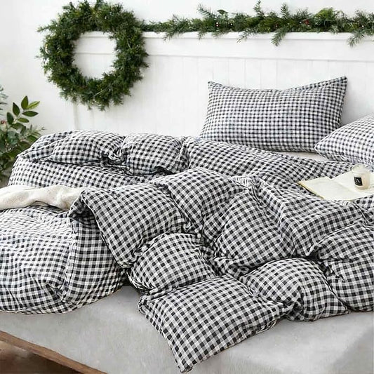 ETDIFFE Black Gingham Comforter Set Queen Size, 3 Piece Boho Grid Bedding Set - Soft and Lightweight Buffalo Checkered Plaid Microfiber Down Alternative Bed Comforter (90x90)