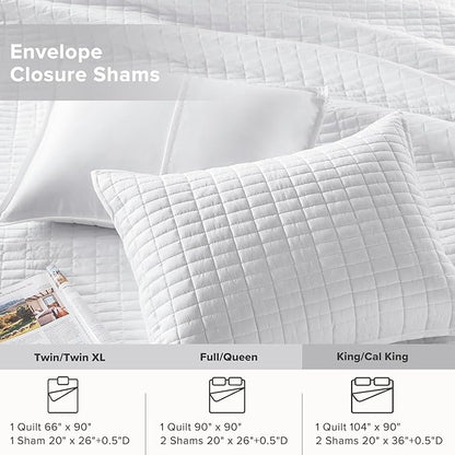 Comfort Spaces Kienna Quilt Set- Double Sided Stitching Design Summer Blanket, Lightweight, Soft, All Season Bedding Layer, Matching Sham, White, Coverlet King (104"x90") 3 Piece