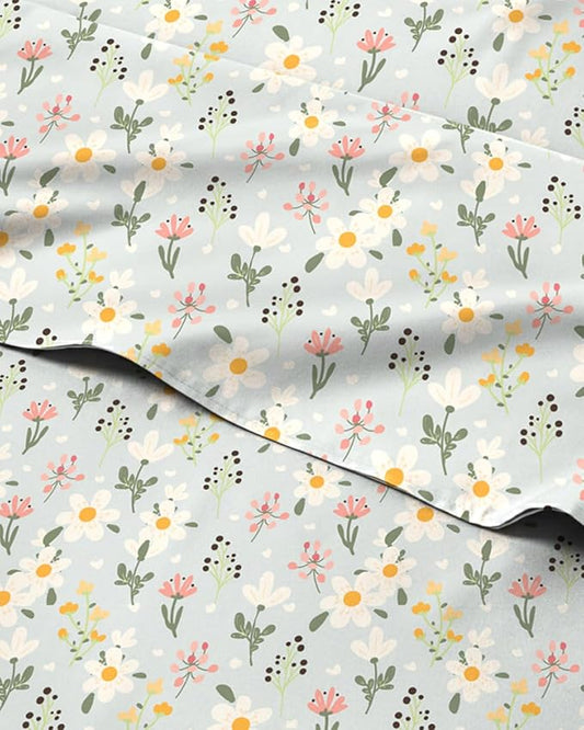 Floral Sheets - Flower Print Bed Sheet Set - 1 Flat, 1 Fitted & 1 Pillowcase w/ Deep Pockets - Comfy, Cozy, Wrinkle & Fade Free - Boho Botanical Bedding - Soft, Breathable & Cooling - Twin XL Size Set