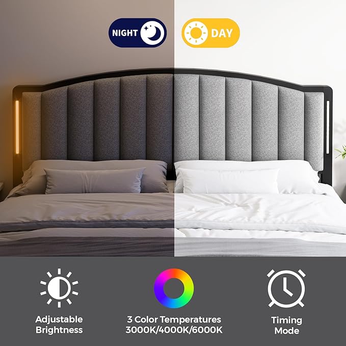 Headboard for Queen Size Bed with LED Lights, Upholstered Vertical Channel Tufting Head Boards, Linen Fabric Bed Headboard Only, Attach Frame, Ideal for Bedroom, Dorm, Guest Room, Grey