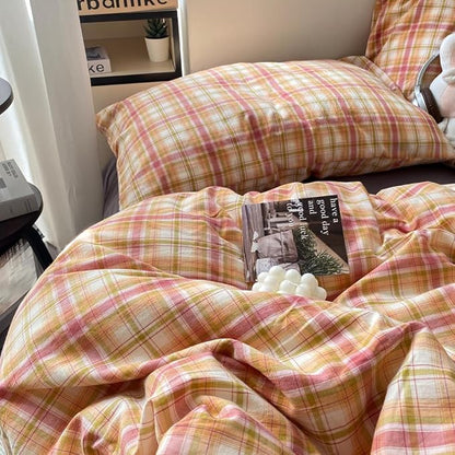 EAVD Vintage Style Gingham Duvet Cover Twin Soft 100% Washed Cotton Bedding Set with Colorful Grid Checkered Reversible Plaid Bedding Set for Boy Girl Modern Grid Plaid Duvet Cover with Zipper