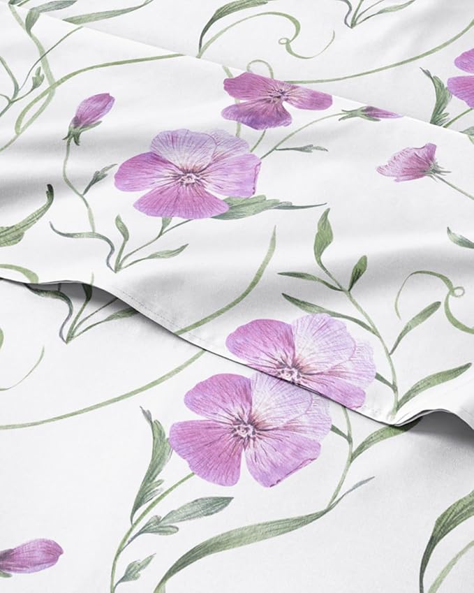 Floral Sheets - Pink Floral Bed Sheet Set - 1 Flat, 2 Fitted & 2 Pillowcases w/ Deep Pockets - Wrinkle & Fade Free - Boho Botanical Bedding - Ultra-Soft, Breathable and Cooling - Split King Size Set