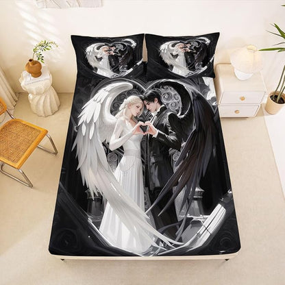 Erosebridal Angel Wings Sheets for Boys Girls Black and White Angel Fitted Sheet,Romance Love Kids Bedding Sets Princess Fairy Style Bed Sets Queen 3 Piece