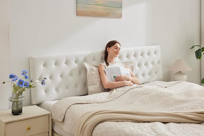 Tufted Upholstered Queen Size Bed Headboard in Modern Button Design, Adjustable Solid Wood Head Board, Premium Velvet Fabric Padded Headboards in Bedroom (White)