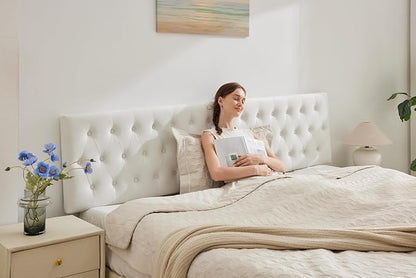 Tufted Upholstered Queen Size Bed Headboard in Modern Button Design, Adjustable Solid Wood Head Board, Premium Velvet Fabric Padded Headboards in Bedroom (White)