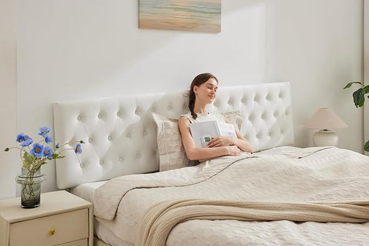 Tufted Upholstered Queen Size Bed Headboard in Modern Button Design, Adjustable Solid Wood Head Board, Premium Velvet Fabric Padded Headboards in Bedroom (White)