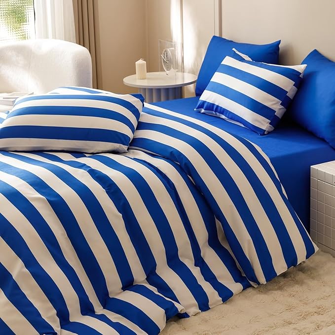 Houseri Blue Striped Comforter Set Full 3 Piece White and Blue Bedding Full Size Lightweight Modern Stripes Bed Set Soft Comfy Quilt Blanket Full