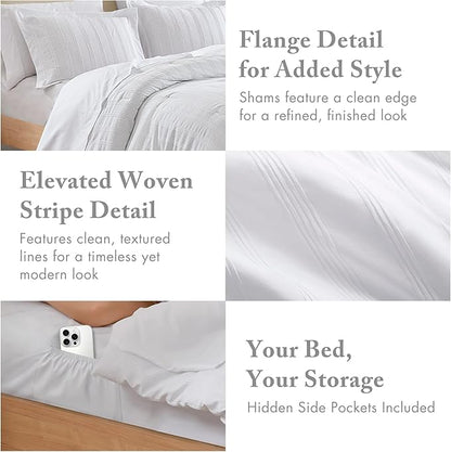 Madison Park Essentials Striped Comforter Set Twin XL, 5 Pieces Modern Minimalist Jacquard Bedding Set for All Season, Bed in A Bag with Sheet Set and Soft Brushed Reverse, Lightweight White