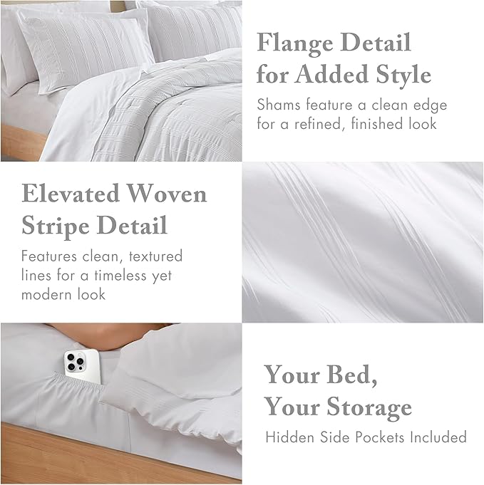 Madison Park Essentials Striped Comforter Set Full, 7 Pieces Modern Minimalist Jacquard Bedding Set for All Season, Bed in A Bag with Sheet Set and Soft Brushed Reverse, Lightweight White