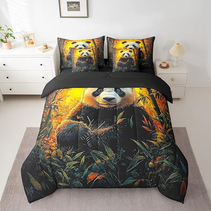 Feelyou Cute Panda Comforter Set 7 Pieces Twin Size Kawaii Bear Bedding Set for Boys Girls Nature Yellow Bed in a Bag with Comforter, Sheets, Pillowcases & Cushion Covers