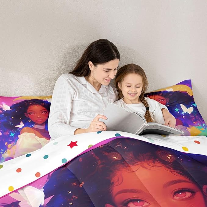 Erosebridal Black Princess Bedding Sets American Afro-Girl Comforter Set Moon Galaxy Girl Butterfly Decorations Bedding King