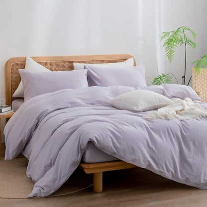 BESTOUCH Duvet Cover Set 100% Washed Cotton Linen Feel Super Soft Comfortable Chic Lightweight 3 PCs Home Bedding Set Solid Taro Purple Alaska King