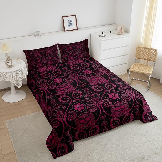 Feelyou Adults Pink Vintage Damask Floral Comforter Set Oriental Antique Comforter Queen Size Exotic Sugar Skull Rose Bedding Set Gothic Bohemia Boho Duvet Set Quilt Set 3Pcs