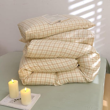 Vintage Beige Plaid Duvet Cover Twin 100% Cotton Muslin Grid Checkered Plaid Bedding Set Breathable Linen Like Gauze Comforter Cover Farmhouse Beige Green Gingham Duvet Cover with Zipper Closure