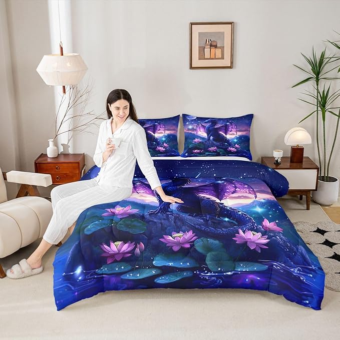 Feelyou Dragon Kids Comforter Set Toddler Size Dragon Stuff Bedding Set Wild Life Duvet Quilt for Kids Boys Girls Bedroom Magic Wildlife Decor Purplish Microfiber Ultra Soft Breathable