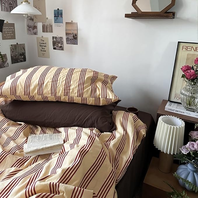 Nayoroom Striped Duvet Cover Full Size Vintage Brown Striped Duvet Cover 3 Pieces 100% Washed Cotton Soft Breathable Girls Dorm Bedding Set for Hot Sleepers