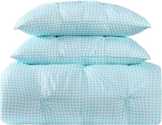 My World Printed Gingham Pinch Pleat Kids Comforter Set, Twin XL, White/Aqua
