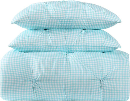 My World Printed Gingham Pinch Pleat Kids Comforter Set, Twin XL, White/Aqua