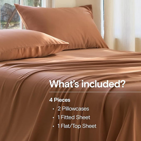 DOZ Sheet Set, 100% Viscose derived from Bamboo, Organically Grown, Buttery Soft, Cooling Sheets, High GSM, Deep Pockets - 4 Piece - 2 Pillowcases 1 Fitted Sheet 1 Top Sheet (Clay, Queen)