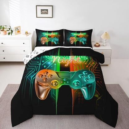 Feelyou Gamer Comforter Kids Gaming Video Game Comforter Set for Boys Teens Noverlty Modern Gamepad Bedding Set Breathable Gamer Console Bedding Duvet Set Bright Orange Green Room Decor Toddler Size