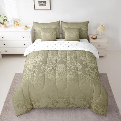 Erosebridal Gothic Damask Bed in a Bag King Size Comforter Set 7 Pieces,Exotic Moth Bedding Sets Olive Grey Victorian Floral Goth Sheet Set with Comforter