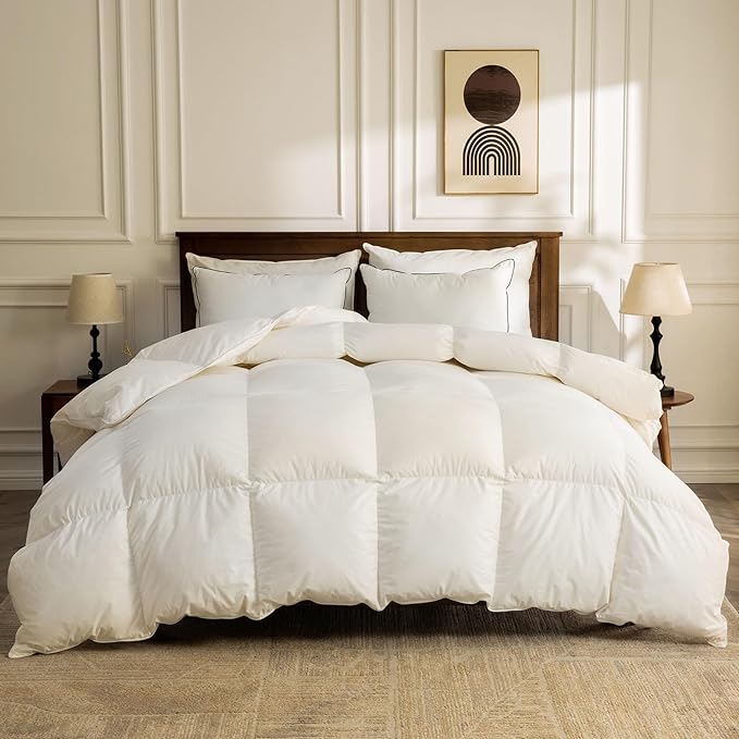 BPC Lightweight Organic Feather Down Comforter Twin Size, Hotel-Luxury Fluffy Duvet Insert with Cotton Cover and Puffy Feather Down Filling, for Summer/Hot Sleepers, Ivory White, 68x90 Inches