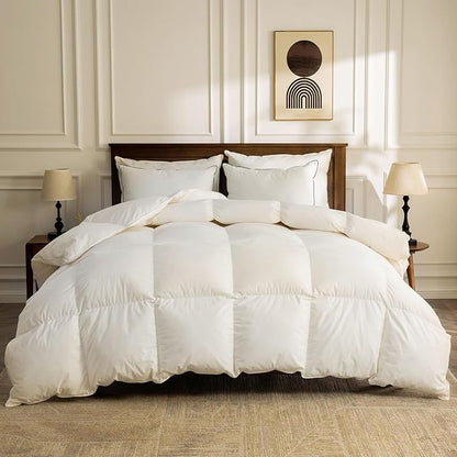 BPC Lightweight Organic Feather Down Comforter Twin Size, Hotel-Luxury Fluffy Duvet Insert with Cotton Cover and Puffy Feather Down Filling, for Summer/Hot Sleepers, Ivory White, 68x90 Inches