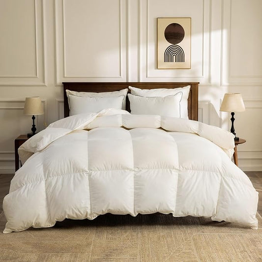 BPC Lightweight Organic Feather Down Comforter Twin Size, Hotel-Luxury Fluffy Duvet Insert with Cotton Cover and Puffy Feather Down Filling, for Summer/Hot Sleepers, Ivory White, 68x90 Inches