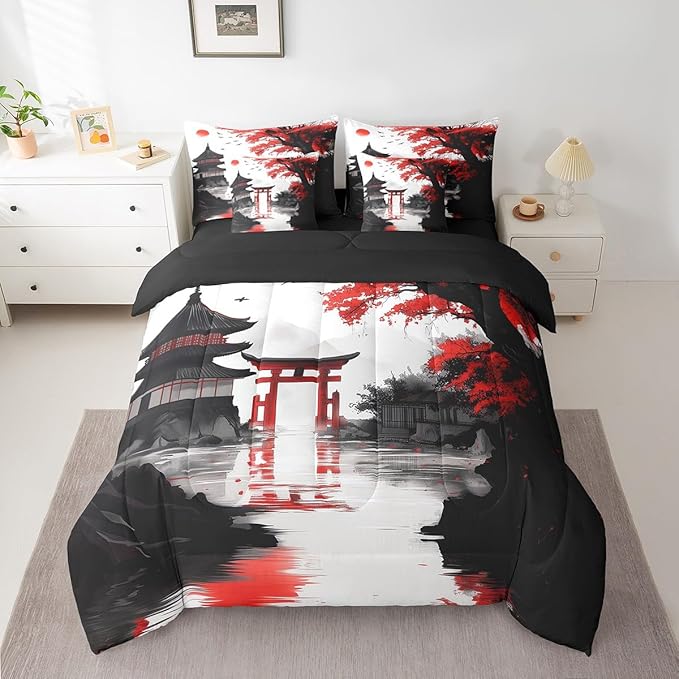 Erosebridal Japanese King Comforter Set with Sheets 7 Piece Sun Cherry Blossom Bedding Set for Girls Women Watercolor Black Red Mountain Sakura Floral Bed in A Bag Asian Chinese Ink Sheet Set