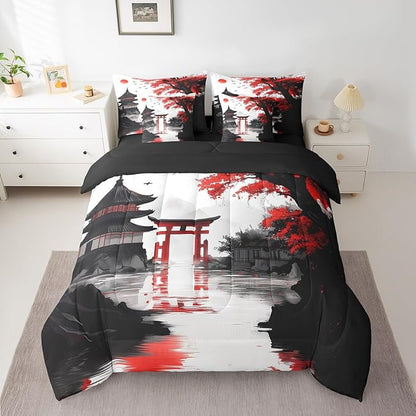 Erosebridal Japanese Full Comforter Set with Sheets 7 Piece Sun Cherry Blossom Bedding Set for Girls Women Watercolor Black Red Mountain Sakura Floral Bed in A Bag Asian Chinese Ink Sheet Set