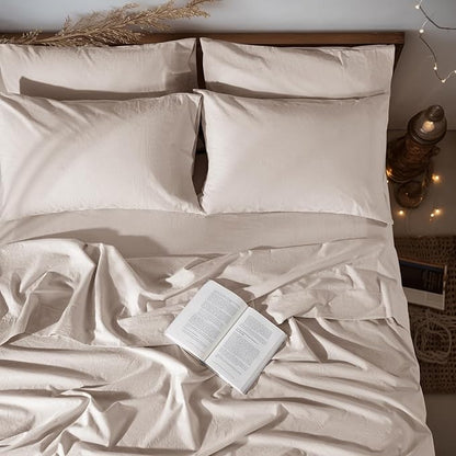 LBRO2M 100% Pure Linen Sheet Set Deep Pocket Up to 16" Bed Sheets Sets, Natural Flax Beddings Soft, Breathable, Comfortable for All Seasons 6 Pcs Sheet Set Cal King Size, Linen