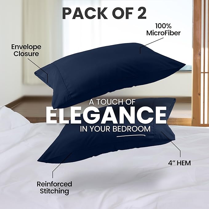 Pillow Covers by Utopia Bedding - King Standard Size 2-Pack – Soft Brushed Microfiber – Perfect for Hospitals, Hotels, Guest Rooms – Oeko-TEX Certified, 20x36 Inches (Navy)