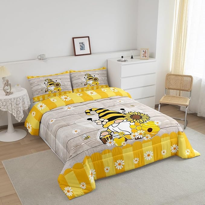 Erosebridal Bee Gnome Comforter Set King, Sunflower Daisy Floral Bedding Set for Kids Boys Girls, Honeycomb Honey Can Duvet Set Home Room Decor, Yellow Farm Cartoon Soft Down Comforter 3 Pcs