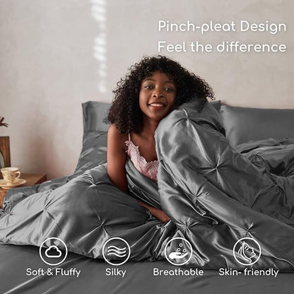 MR&HM Satin Comforter King 7 Pieces - Luxurious Pinch Pleat Bedding Set with Comforter, Flat Sheet, Fitted Sheet, Pillowcases & Shams, Super Silky Soft Bed Set for All Season (King, Dark Grey)