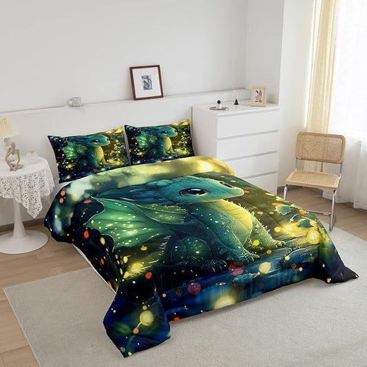 Feelyou Dragon Comforter Set Toddler Size Dragon Stuff Comforter for Boys Girls Teens Kawaii Bedding Set Dragon Decor Duvet Set Room Decor Bright Green Quilt Set