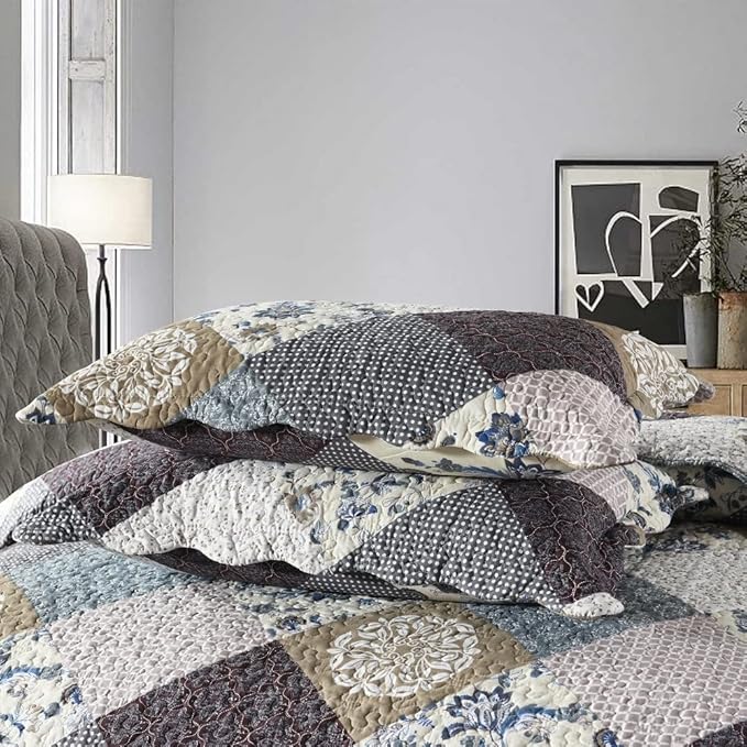 Travan 3-Piece Queen Quilt Set Quilted Bedspread Oversized Microfiber Lightweight Coverlet Set with Shams Reversible Printed Coverlet Bedding Set for All Season, Slate Blue, King Size