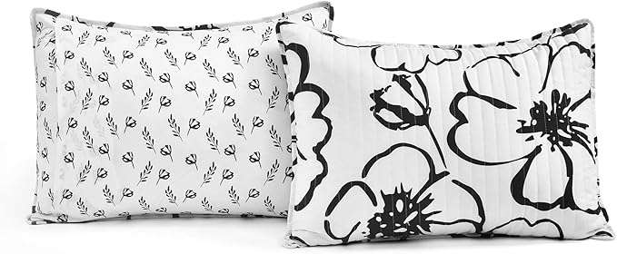 Lush Decor Scandinavian Floral Quilt King Size Reversible 3 Piece Set Black & White - Floral Bedding Set King Quilt - White Bedding Cottage Core